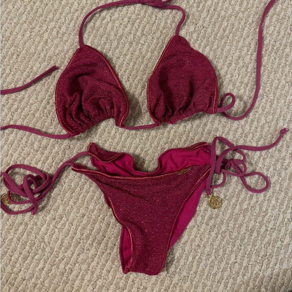 Luli fama sparkly magenta ruche tie bikini stardust style